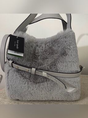 kate spade KNOTT Gray and Faux Fur Bag with Leather Strap